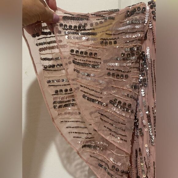 Mac Duggal Blush Sequin Embellished Full Length Layered Sleeve Gown Dress - Picture 8 of 13